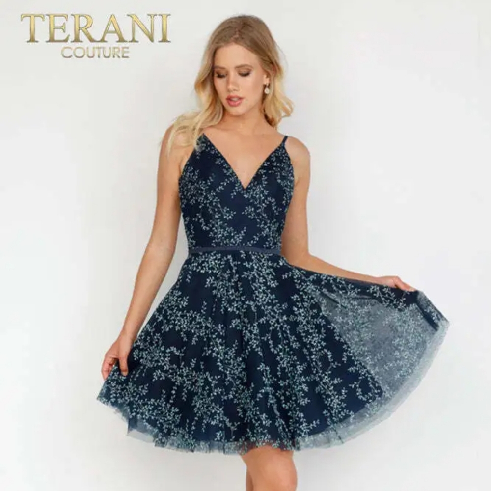 Glamour by Terani Couture V-Neck Tulle Embellishment Fit-And-Flare Dress